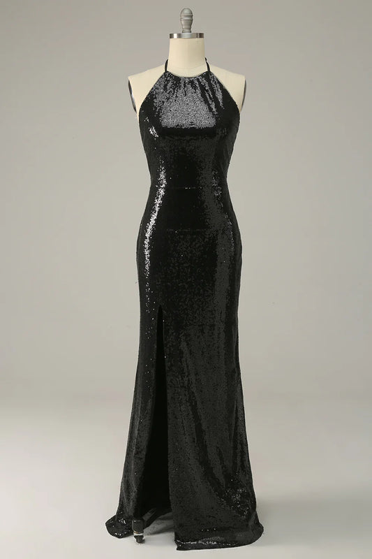 Sheath Halter Black Sparking Sequins Long Prom Dress with Split