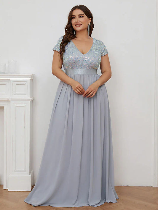 A-Line Bridesmaid Dress V Neck Short Sleeve Elegant Floor Length Chiffon with Solid Color