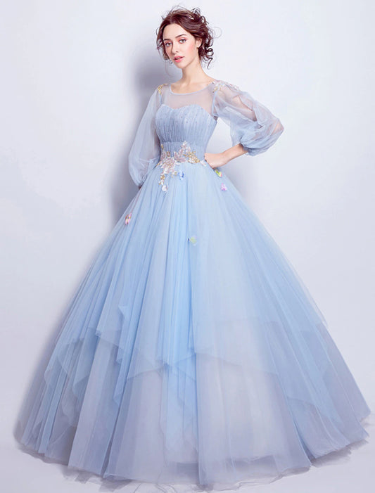 Ball Gown Prom Dresses Elegant Dress Quinceanera Floor Length 3/4 Length Sleeve Illusion Neck Tulle with Pleats Appliques