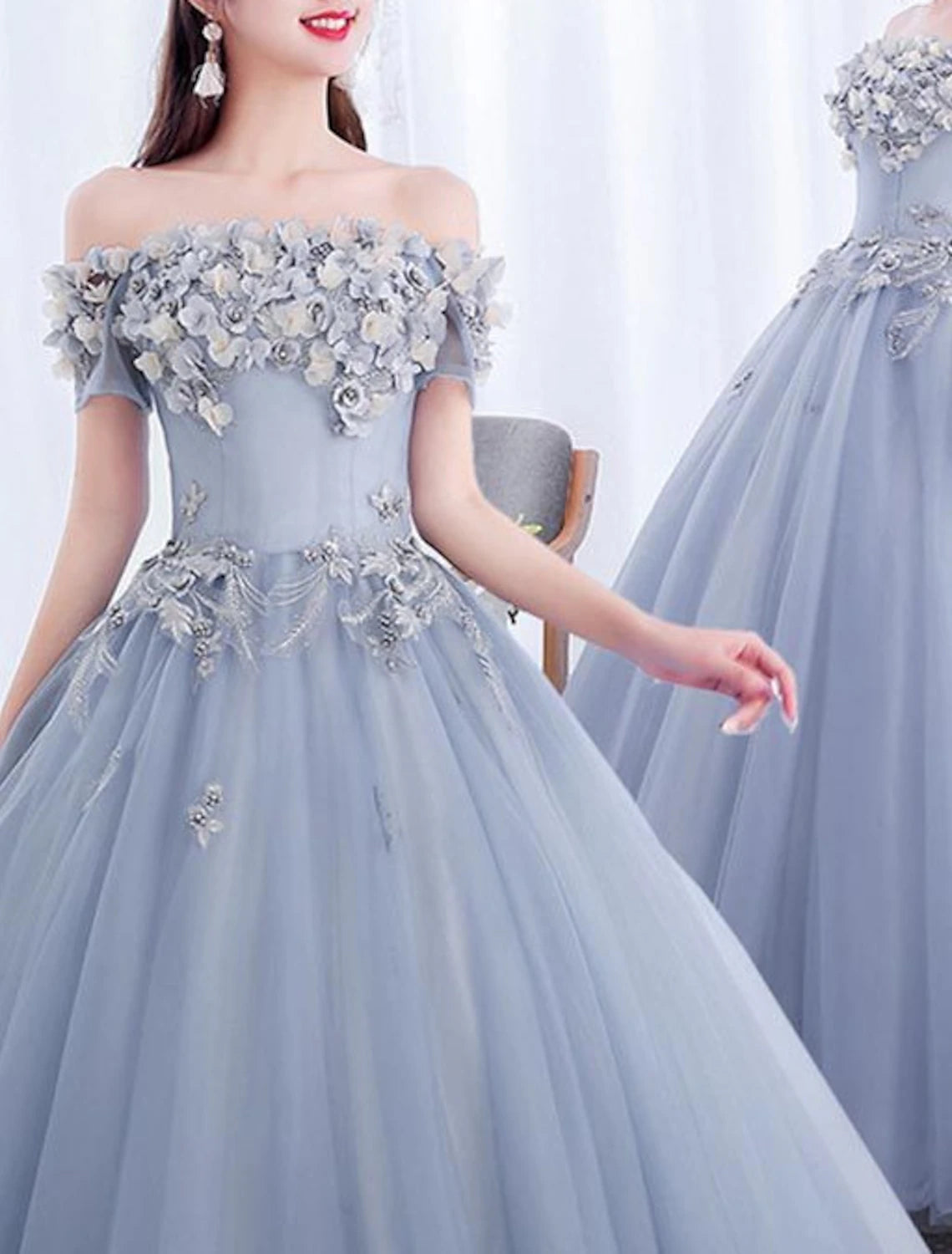 Ball Gown Prom Dresses Floral Dress Quinceanera Prom Floor Length Short Sleeve Off Shoulder Polyester with Appliques