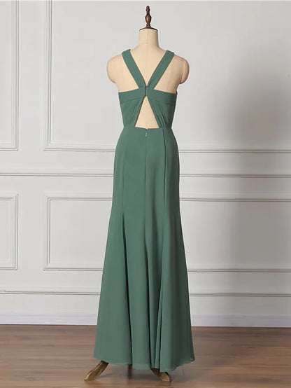 A-Line Bridesmaid Dress Cross Front Sleeveless Sexy Floor Length Chiffon with Draping