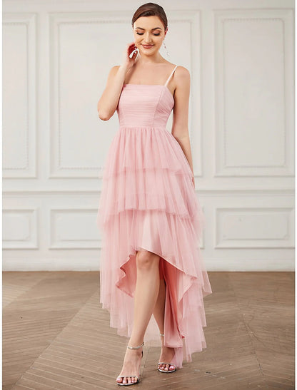 A-Line Party Dresses Vintage Dress Prom Knee Length Sleeveless Spaghetti Strap Tulle with Ruched Asymmetrical