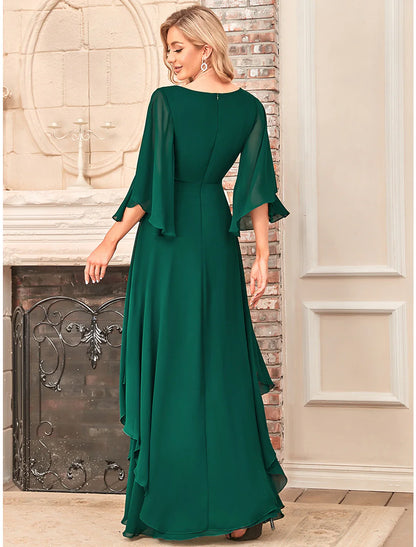 A-Line Mother of the Bride Dress Elegant V Neck Floor Length Chiffon Half Sleeve with Sash / Ribbon