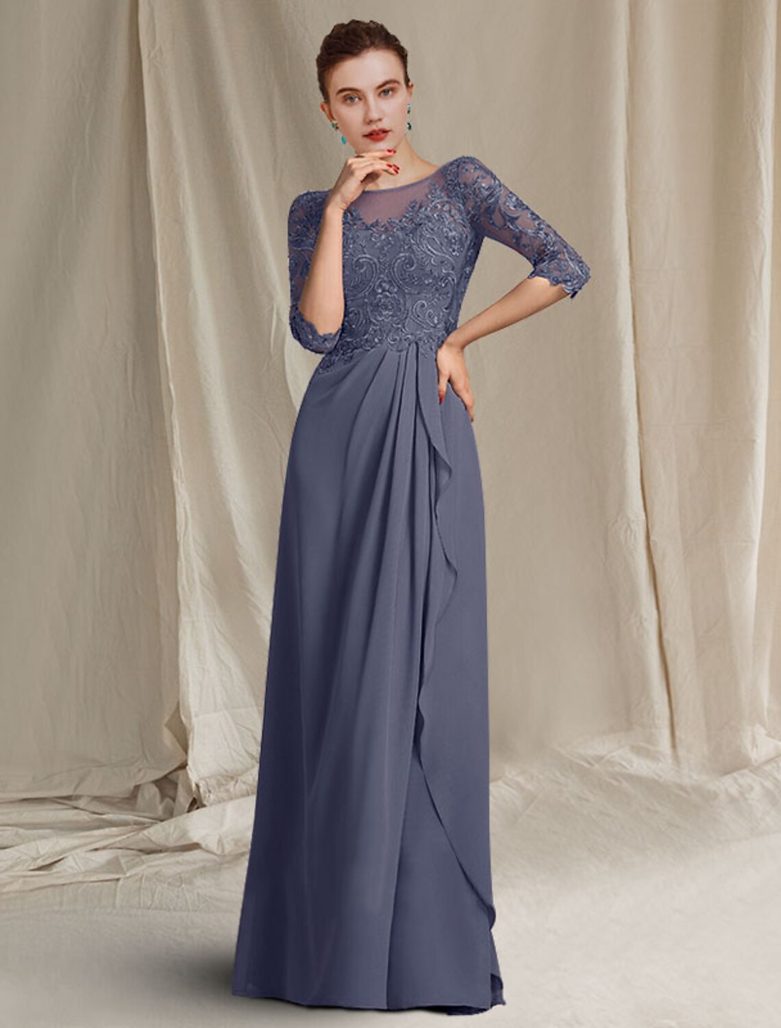Sheath / Column Mother of the Bride Dress Elegant Plus Size Jewel Neck Floor Length Chiffon Lace 3/4 Length Sleeve with Pleats Ruffles Appliques