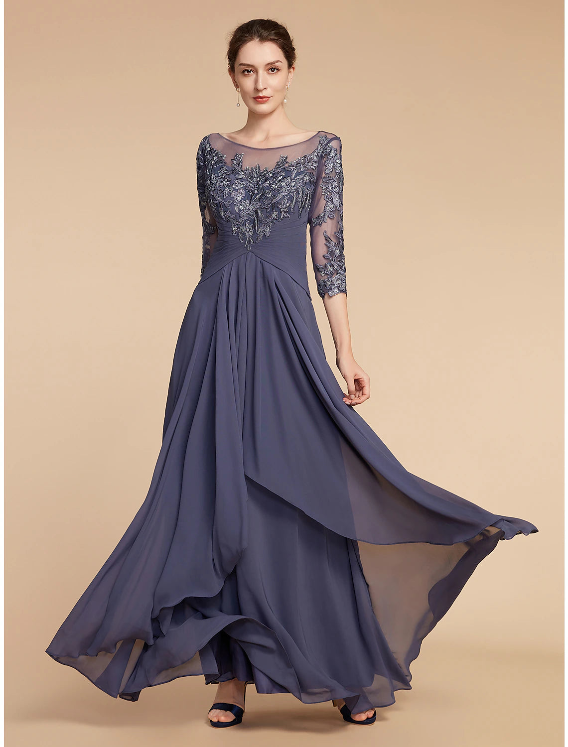 A-Line Mother of the Bride Dress Elegant V Neck Floor Length Chiffon Lace 3/4 Length Sleeve with Ruffles Appliques