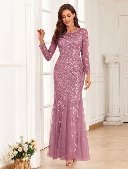 Mermaid / Trumpet Evening Gown Elegant Dress Wedding Guest Prom Floor Length Long Sleeve Jewel Neck Tulle with Embroidery