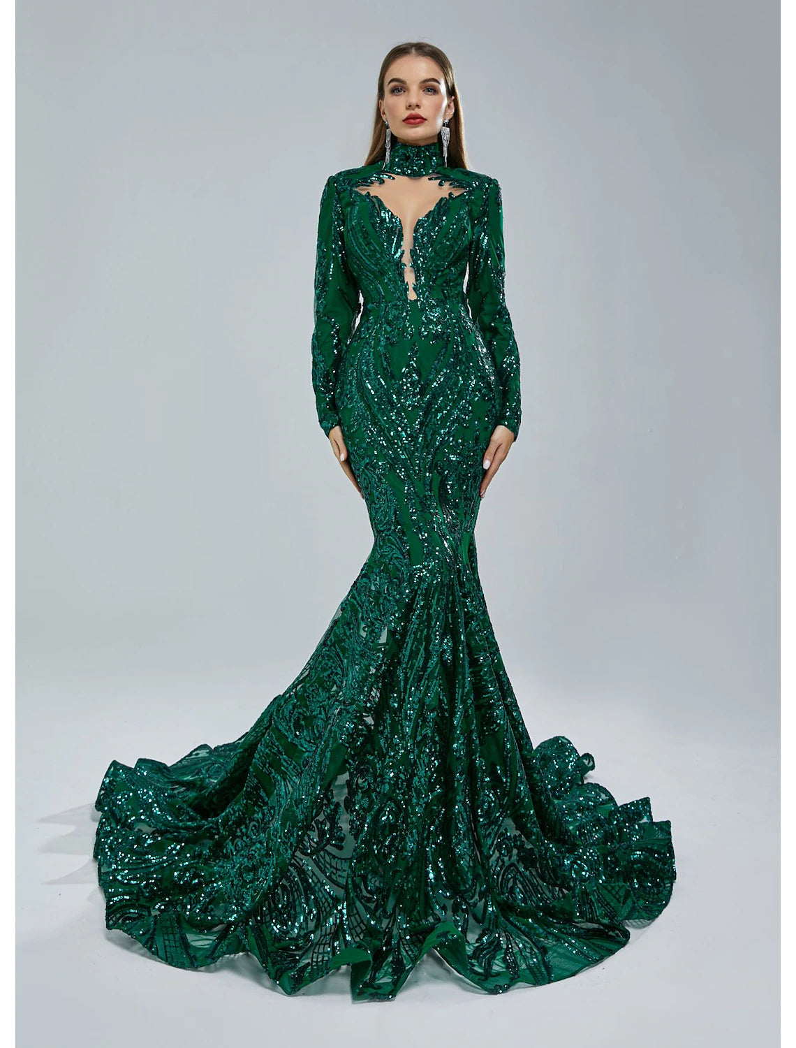 Mermaid Party Dress Evening Gown Sparkle & Shine Dress Carnival Christmas Red Green Dress Court Train Long Sleeve Stand Collar Lace with Sequin