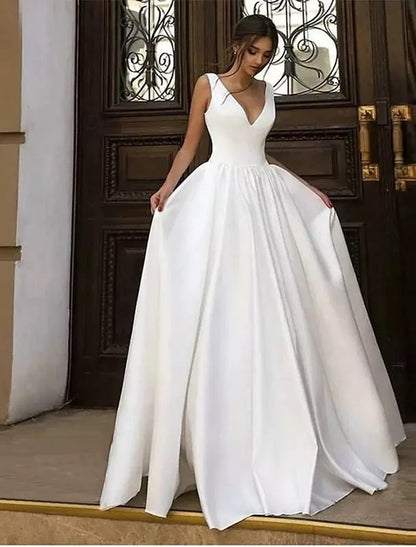 Reception Casual Formal Wedding Dresses A-Line V Neck Sleeveless Floor Length Satin Bridal Gowns With Pleats Solid Color Summer Fall Wedding Party , Women's Clothing