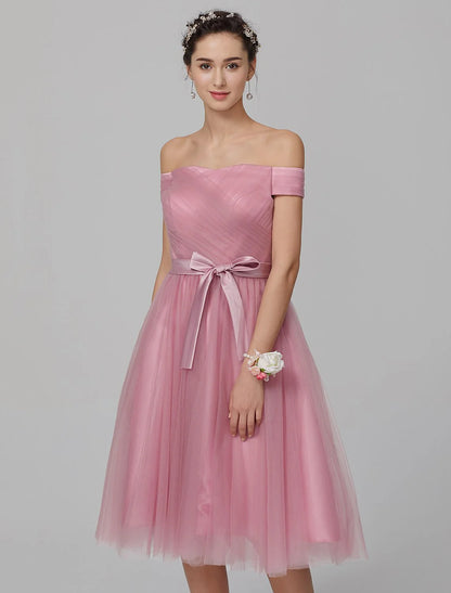 A-Line Off Shoulder Knee Length Tulle Bridesmaid Dress with Sash / Ribbon / Side Draping