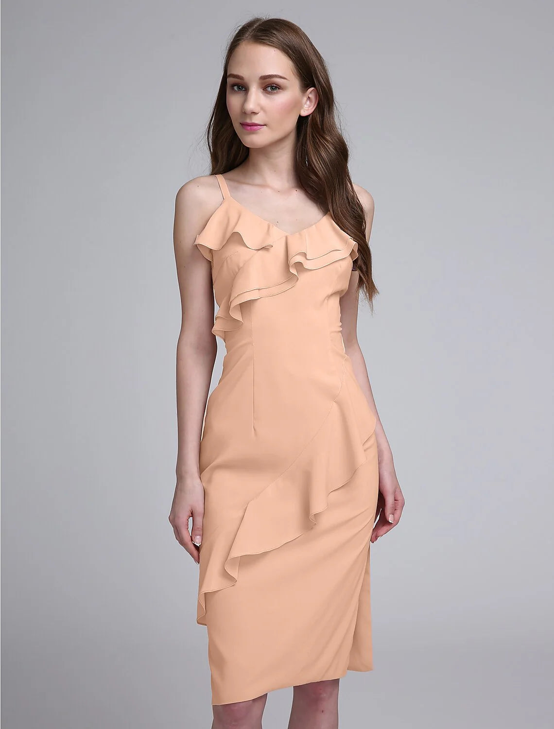 Sheath / Column Bridesmaid Dress Spaghetti Strap Sleeveless Elegant Knee Length Chiffon with Ruffles