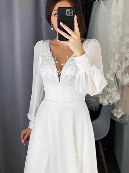 A-Line/Princess Chiffon Ruffles V-neck Long Sleeves Sweep/Brush Train Wedding Dresses Beautiful