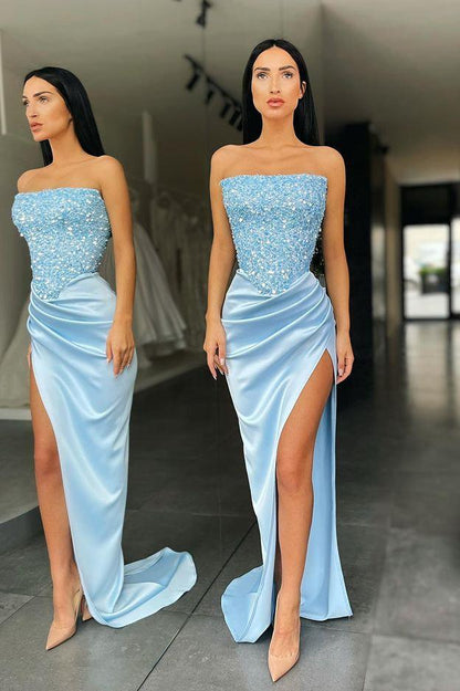 Trendy Sky Blue Strapless Sequin Long Prom Dress with High Slit Charming Evening Party Dress