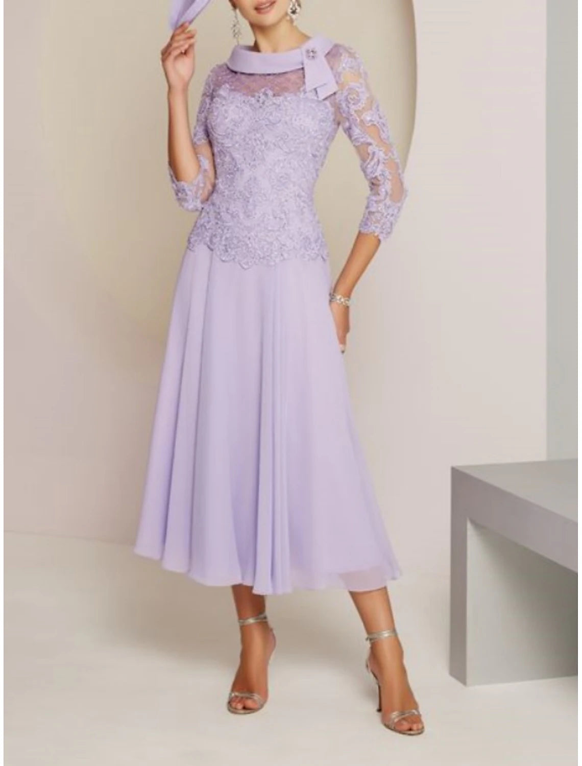 Sheath Tea Length Wedding Guest Party Dress High Scoop Neck  Chiffon Lace 3/4 Length Sleeve Mother of the Bride Dress with Pleats Beading