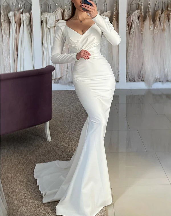 Trumpet Mermaid V Neck Long Sleeves Sweep Train Satin Wedding Dresses Simple