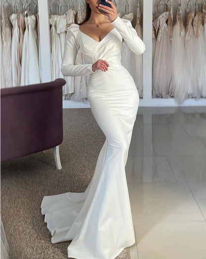 Trumpet Mermaid V Neck Long Sleeves Sweep Train Satin Wedding Dresses Simple