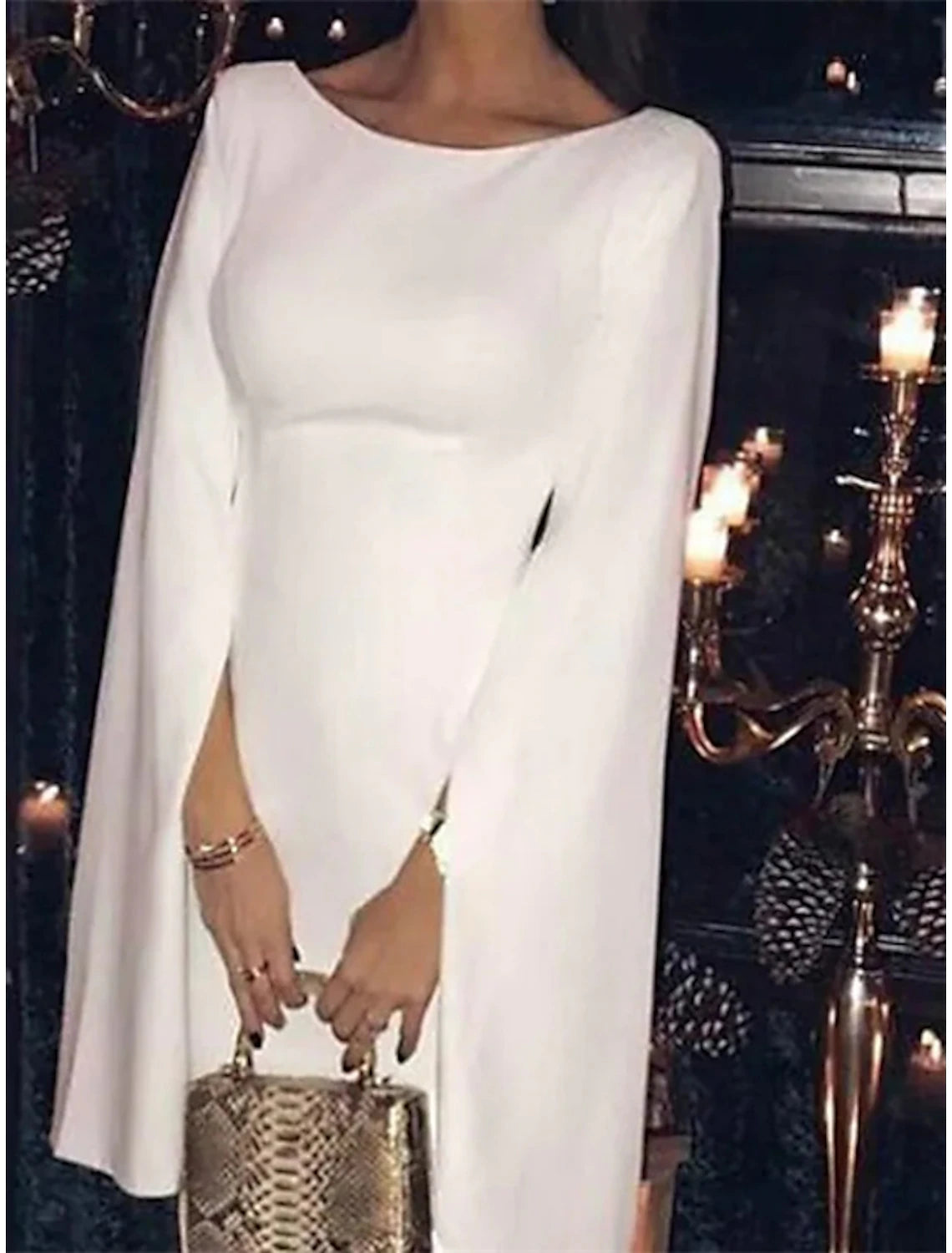 Sheath / Column Wedding Guest Dresses Open Back Dress Party Wear Wedding Party Tea Length Long Sleeve Jewel Neck Fall Wedding Reception Satin Backless with Pure Color