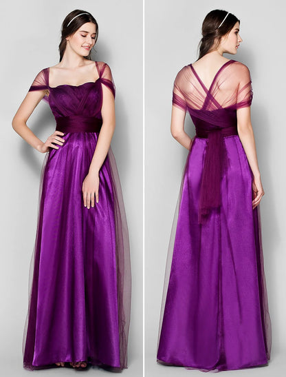 A-Line Bridesmaid Dress Straps Sleeveless Convertible Dress Floor Length Tulle with Ruched / Side Draping