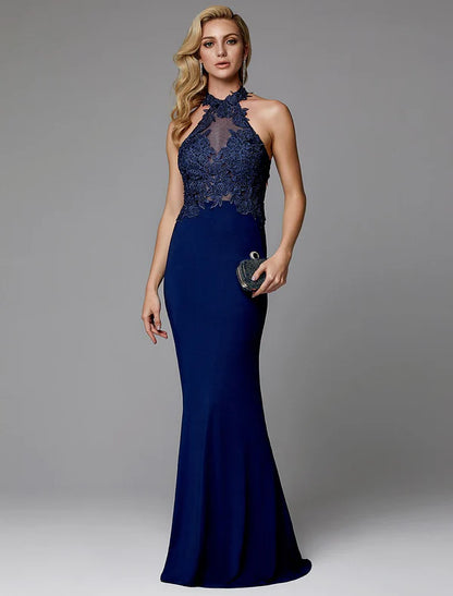 Sheath / Column Evening Gown Cut Out Dress Wedding Guest Floor Length Sleeveless Halter Neck Spandex Crisscross Back with Appliques Elegant