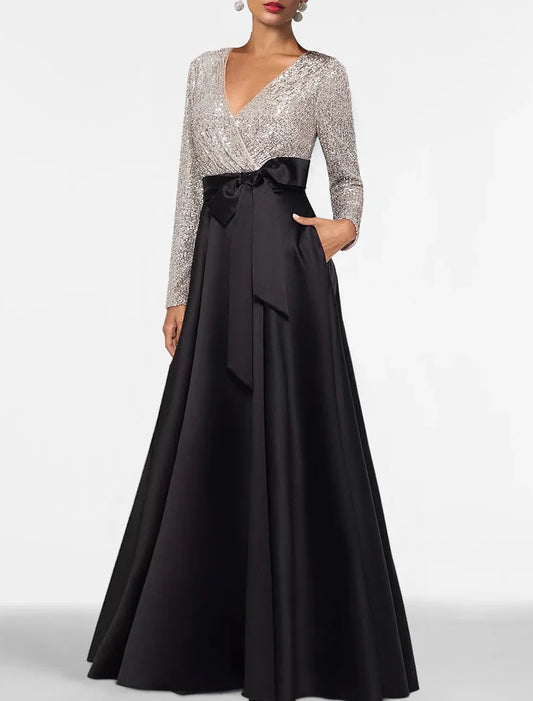 A-Line Evening Gown Elegant Dress Formal Floor Length Long Sleeve V Neck Fall Wedding Guest Satin with Sequin Pocket Sparkly