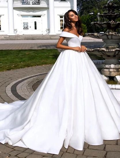 Formal Wedding Dresses Ball Gown Off Shoulder Cap Sleeve Chapel Train Satin Bridal Gowns With Pleats