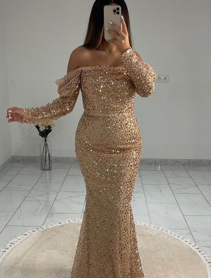 Mermaid / Trumpet Evening Gown Elegant Dress Wedding Black Tie Floor Length Long Sleeve Off Shoulder Sequined with Pearls