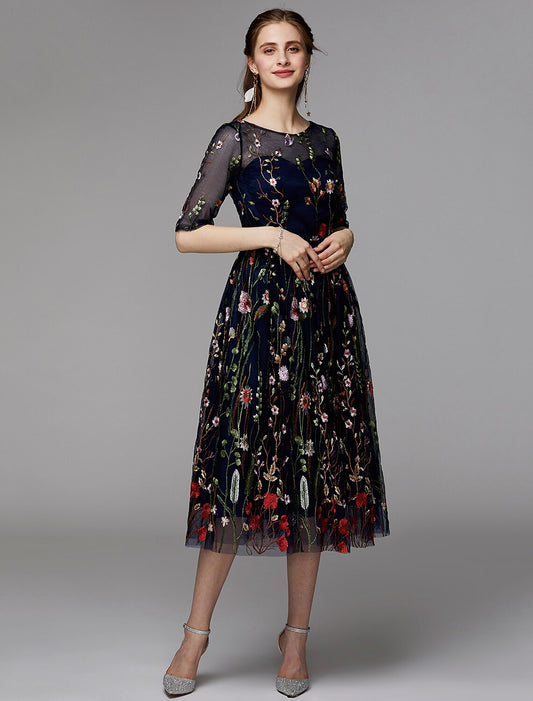 A-Line Party Dress Valentine's Day Wedding Guest Tea Length Half Sleeve Illusion Neck Fall Wedding Guest Organza with Embroidery Appliques