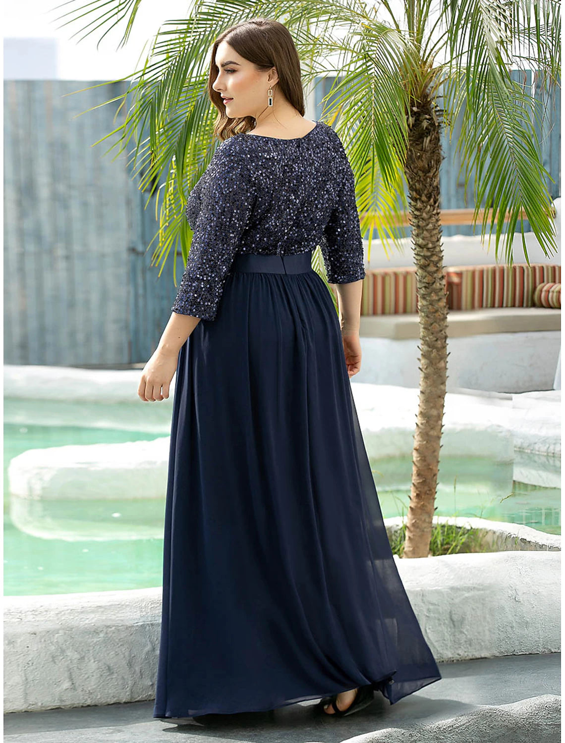 Plus Size Jewel Neck Floor Length Wedding Guest Dress Tulle Sequined 3/4 Length Sleeve Mother of the Bride Dress