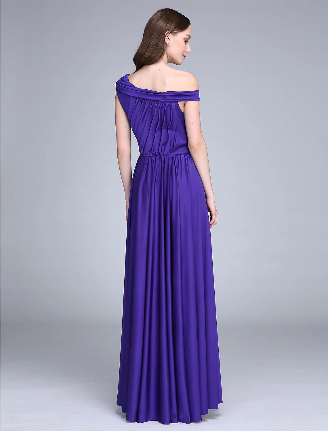 Column Bridesmaid Dress One Shoulder Sleeveless Elegant Floor Length Jersey with Side Draping