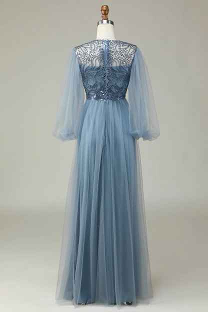 A Line Tulle Blue Sequin Long Sleeves Bridesmaid Dress