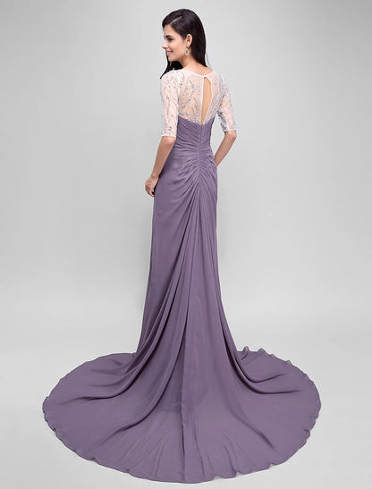 A-Line Mother of the Bride Dress Elegant Scoop Neck Floor Length Chiffon Half Sleeve No with Criss Cross Beading