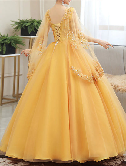 Ball Gown Quinceanera Dresses Princess Dress Sweet 16 Floor Length Short Sleeve V Neck Tulle with Appliques