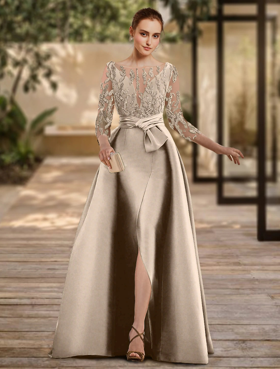 A-Line Evening Gown Open Back Dress Formal Wedding Guest Floor Length 3/4 Length Sleeve Scoop Neck Lace with Slit Strappy