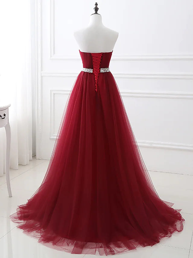 A-Line Elegant Quinceanera Prom Valentine's Day Dress Strapless Sleeveless Chapel Train Satin with Crystals