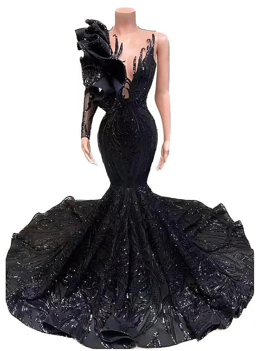 Mermaid / Trumpet Evening Gown Floral Dress Formal Chapel Train Long Sleeve One Shoulder African American Sequined with Sequin Sexy