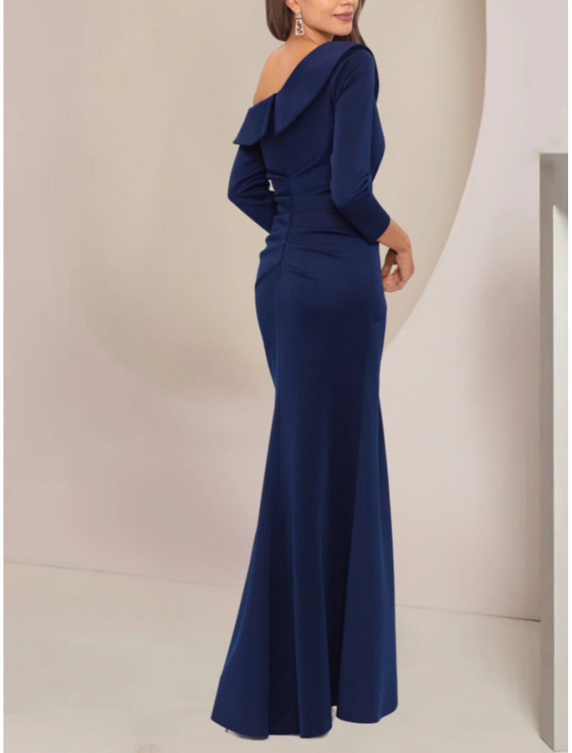 A-Line Off Shoulder Floor Length  Wedding Guest Party Dress  Stretch Fabric Long Sleeve Mother of the Bride Dress with Ruffles Ruching
