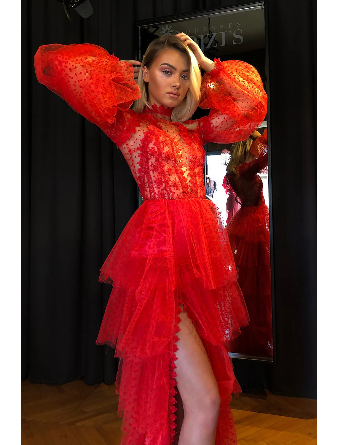 Sheath / Column Empire Sexy High Split Party Wear Prom Valentine's Day Dress High Neck Long Sleeve Floor Length Lace with Slit Tier / Puff Balloon Sleeve