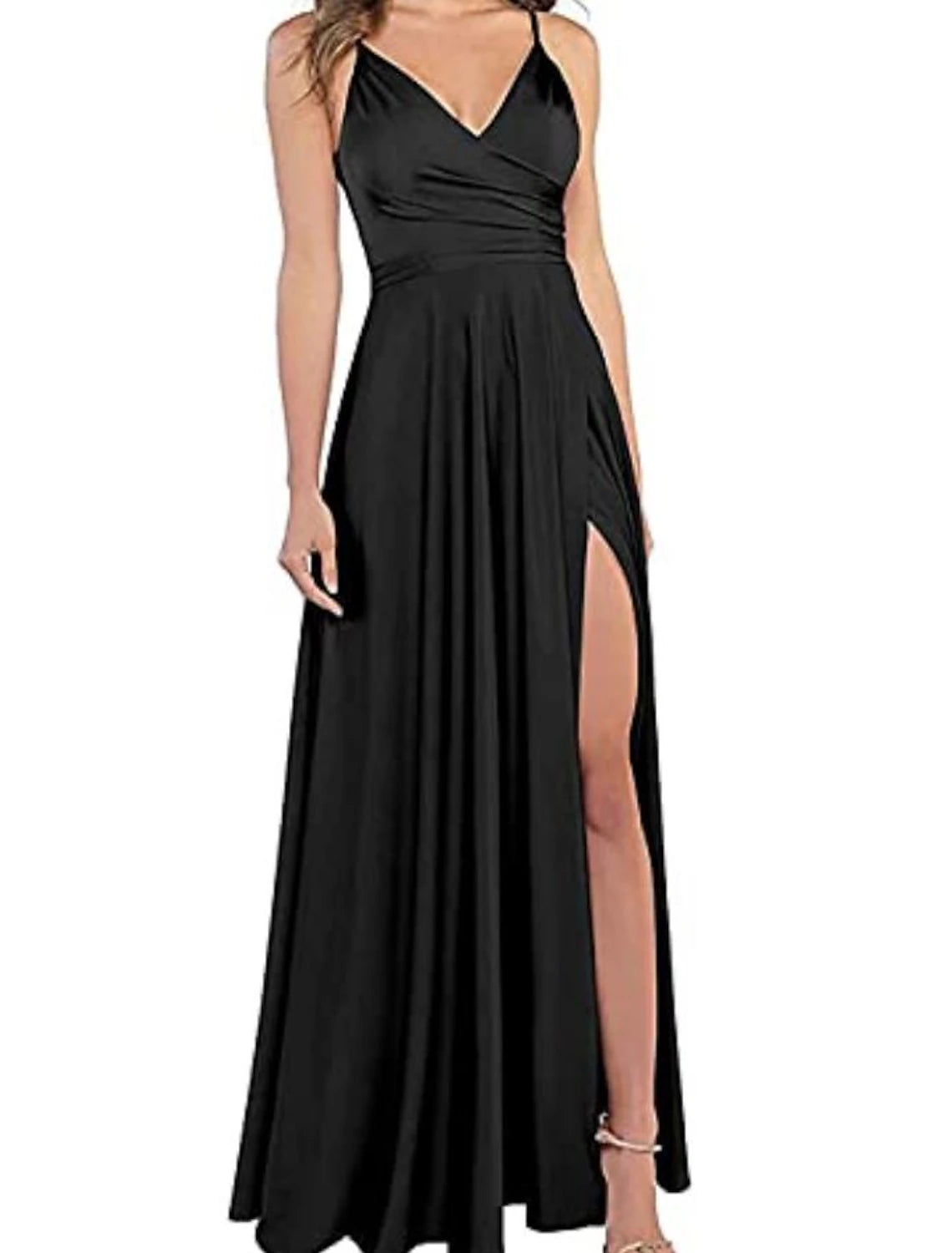 A-Line Wedding Guest Prom Floor Length Sleeveless Spaghetti Strap Bridesmaid Dress Satin with Slit