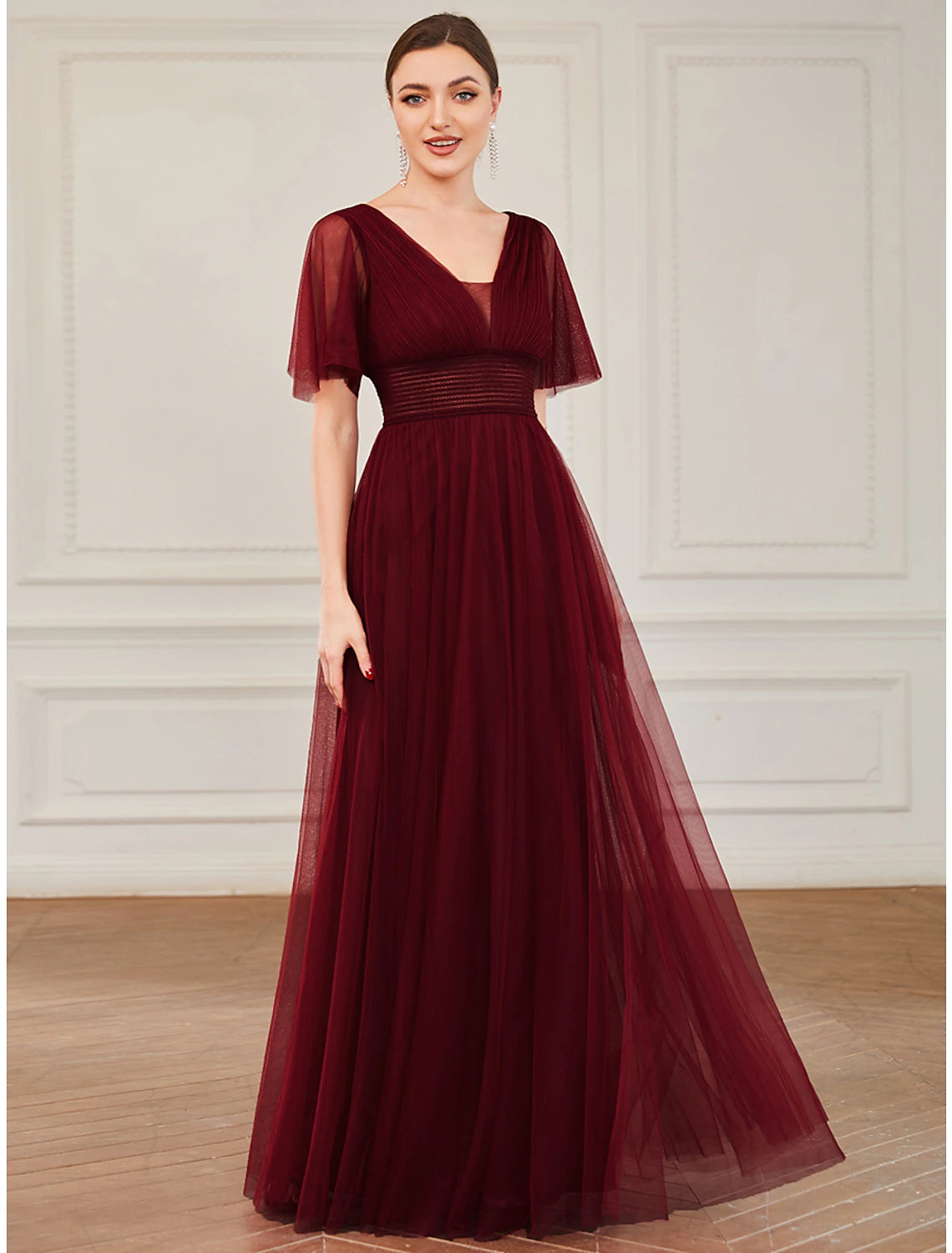 A-Line Bridesmaid Dress V Neck Short Sleeve Plus Size Floor Length Tulle with Ruffles / Draping / Tier 2023 / Butterfly Sleeve