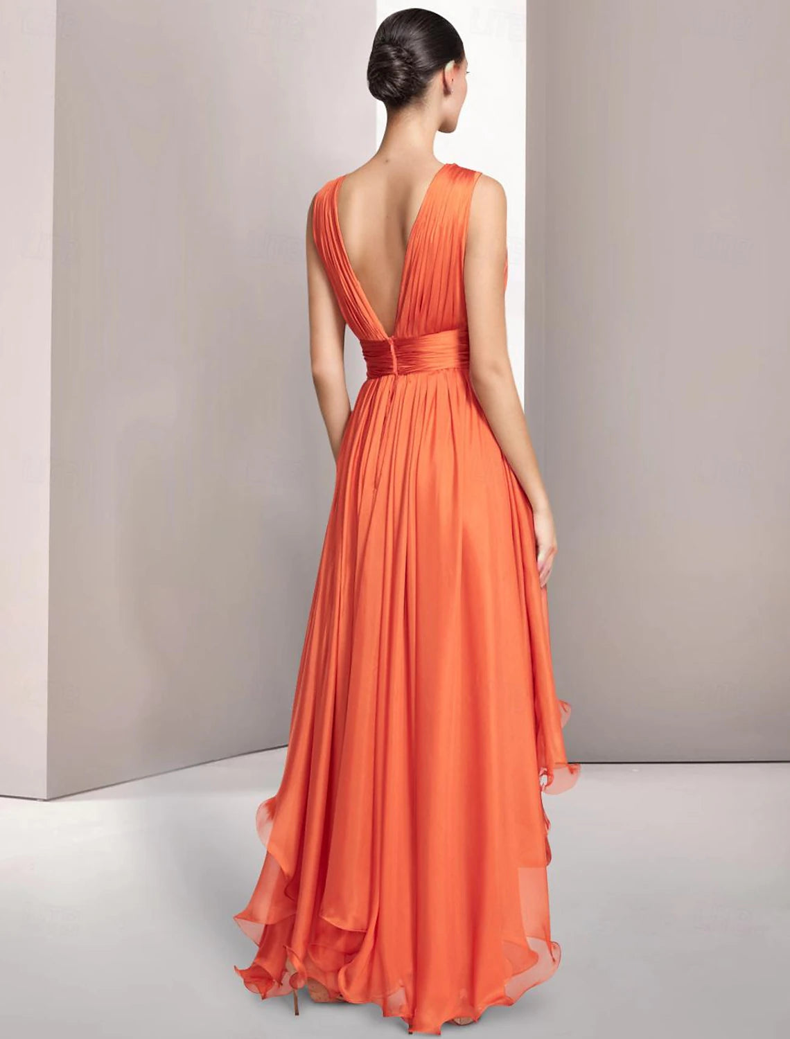 A-Line Chiffon Elegant Wedding Guest Dress Ruched Prom Dresses Asymmetrical Sleeveless V Neck