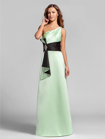 A-Line Elegent One Shoulder Floor Length Satin Bridesmaid Dress with Crystal Brooch