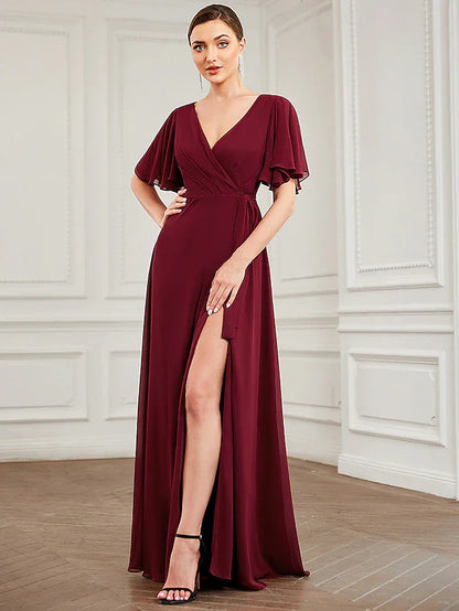 A-Line Bridesmaid Dress V Neck Short Sleeve Elegant Floor Length Chiffon with Ruffles / Draping / Bandage