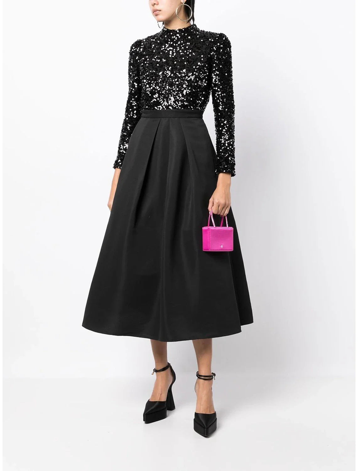 A-Line Cocktail Dresses Backless Black Dress Wedding Party Wear Tea Length Long Sleeve High Neck Satin with Sequin