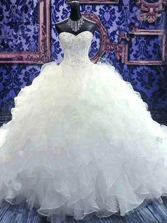 Beach Formal Wedding Dresses Chapel Train Ball Gown Strapless Sweetheart Organza With Beading Ruffles