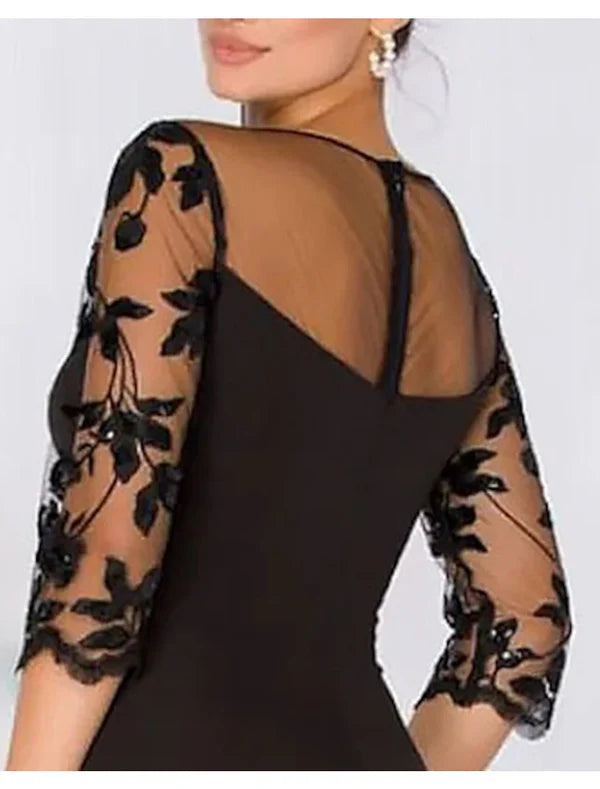 A-Line Evening Gown Elegant Dress Wedding Guest Floor Length 3/4 Length Sleeve Jewel Neck Satin with Beading Appliques Mother of the Bride Dress