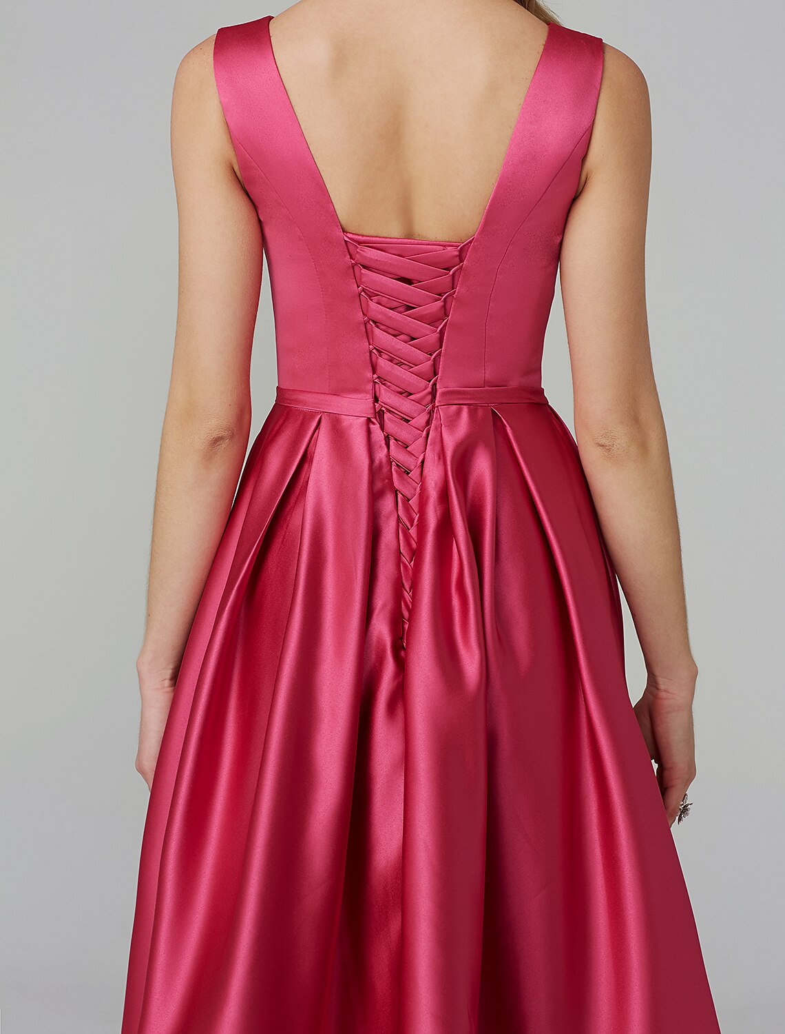 A-Line Elegant Dress Wedding Guest Cocktail Party Knee Length Sleeveless V Wire Pink Dress Satin with Sash / Ribbon