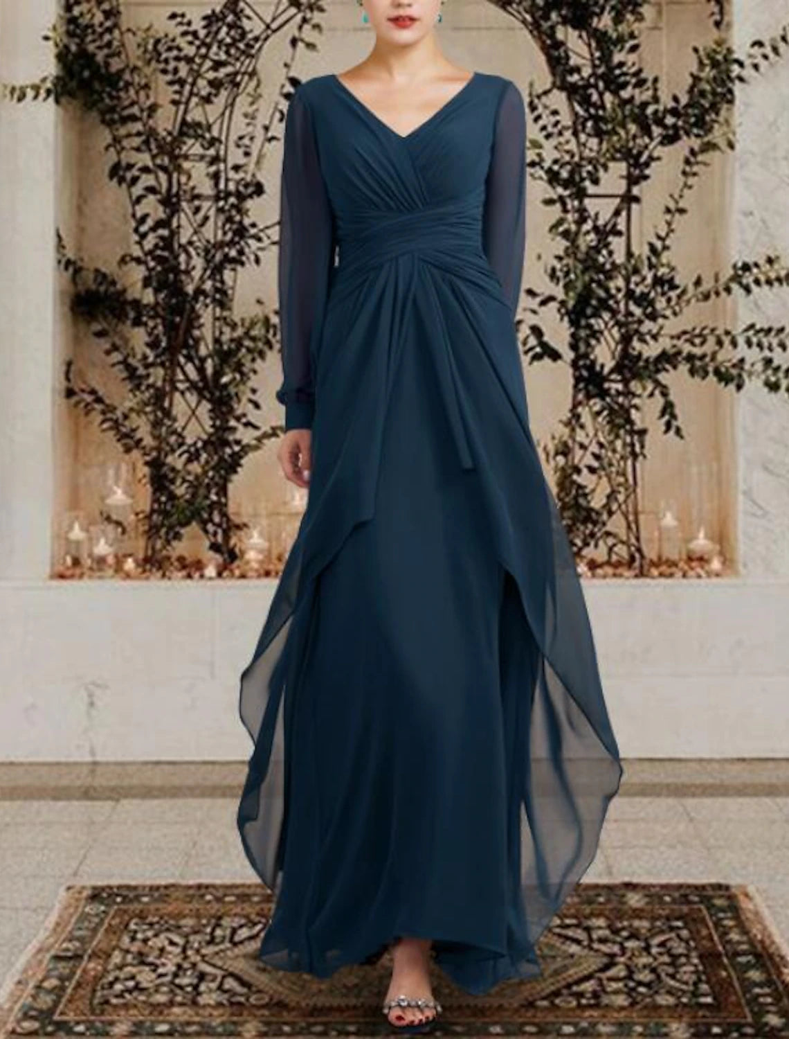 Plus Size Floor Length Wedding Guest Party Dress V Neck Chiffon Long Sleeve Mother of the Bride Dress with Ruched Ruffles Side-Draped