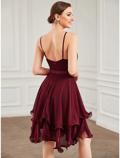 A-Line Homecoming Dresses Elegant Dress Cocktail Short / Mini Sleeveless Sweetheart Chiffon with Pure Color Tiered