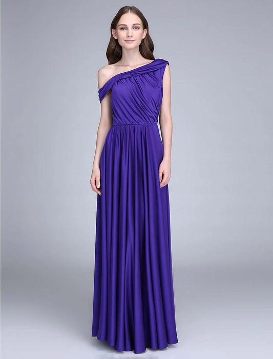 Column Bridesmaid Dress One Shoulder Sleeveless Elegant Floor Length Jersey with Side Draping