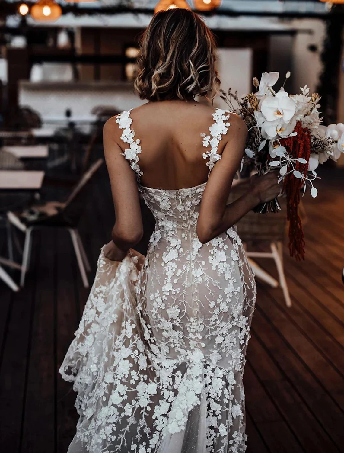 Beach Sexy Boho Wedding Dresses Mermaid / Trumpet Sweetheart Regular Straps Court Train Lace Bridal Gowns With Appliques Summer Fall Wedding Party , Women's Clothing