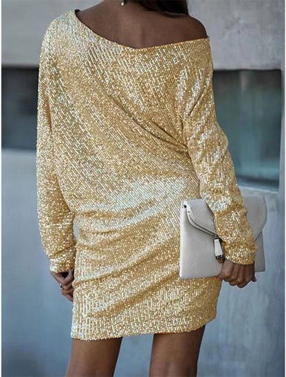 Women's Gold Sequin Dress Party Dress Sparkly Dress Holiday Dress Shift Dress Short Mini Dress White Black Long Sleeve Fall Spring One Shoulder Stylish Hot Loose